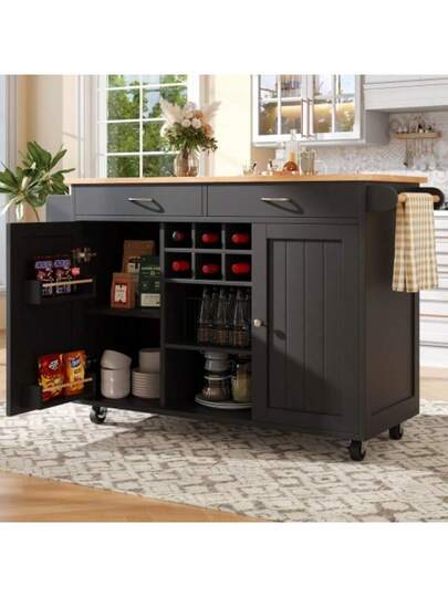 Moderne Kitchen Isl (102*45*92cm), Cabinet, Buffet Dining Cart Wood Grain, Multifunctional Tafel Storage Space, Zwart view 3