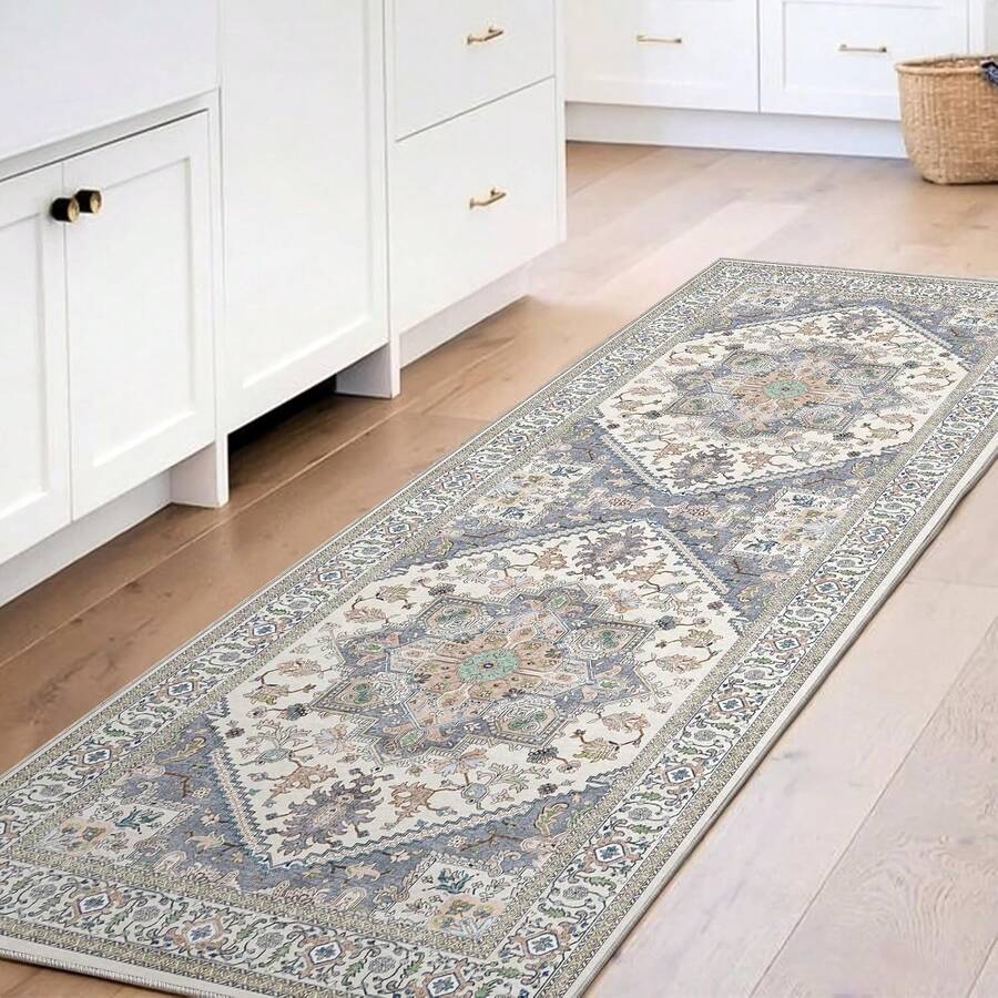 Soft Neutral Area Rugs 5x7, Washable Rug With Non Slip Backing, 5 X 7 Faux Cashmere Low-Pile Carpet, Cream White & Blue & Light Brown,  2025 Design - Purple & Cream - View 1