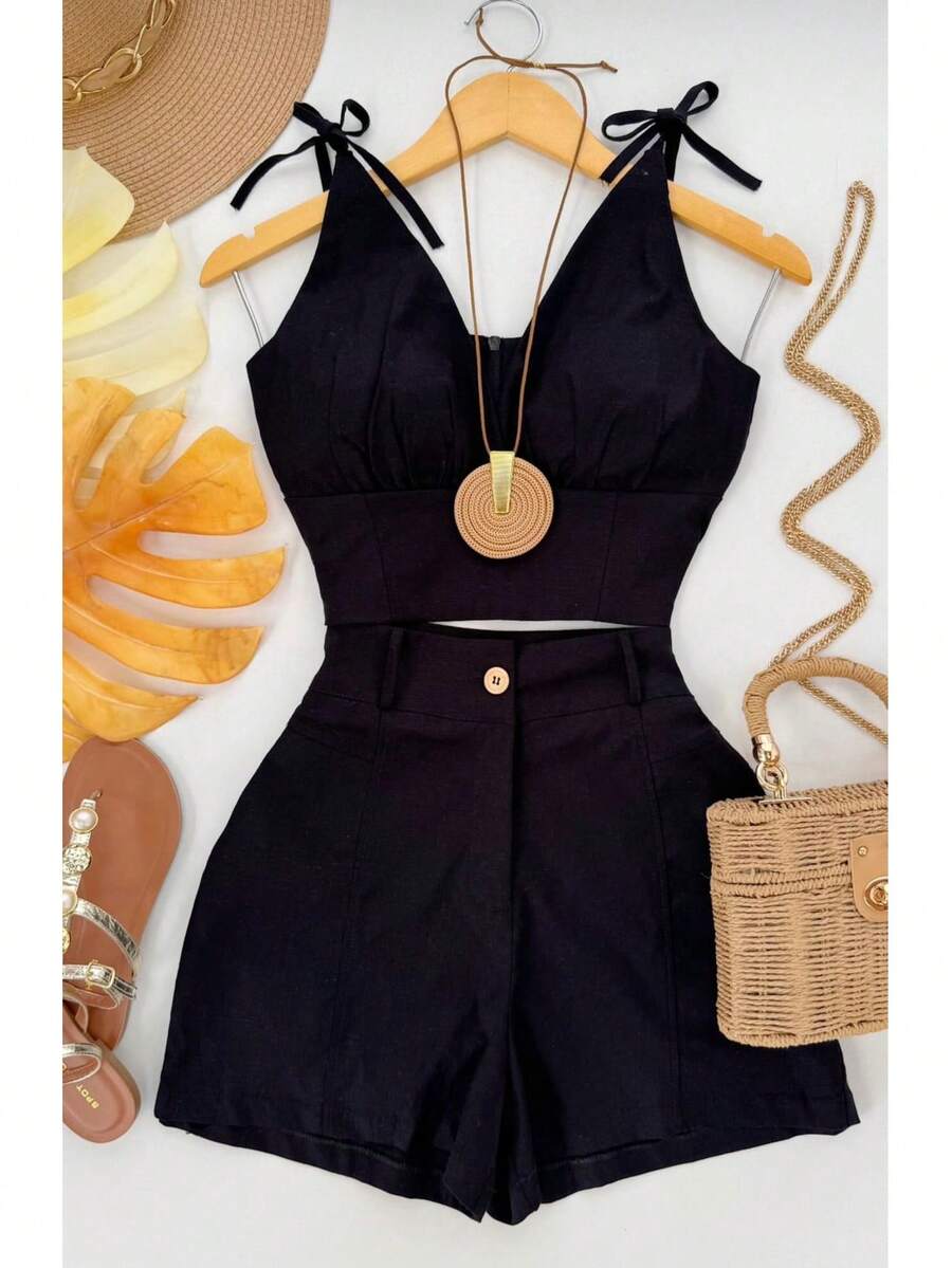 Women's Linen Crop Top And Short Set With Elastane - Summer Elegant Simple Casual Linen Knot Button Zipper Beach Set Holiday Spring Summer - 黑色 - 查看 1