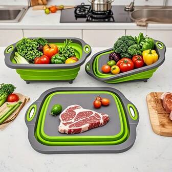 1 pieza Cuenca de lavado plegable multifuncional, tabla de cortar de 3 en 1 de plástico para la cocina, cubo de hielo portátil para exteriores y tabla de cortar de frutas