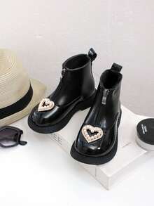 Kids Girls' Rhinestone Heart Classic Fashion Cute Casual Comfortable Mid-Calf Boots, Lightweight With Cushioning