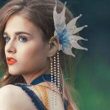 Stunning Mermaid Elf Ear Cuffs With Pearl Tassel, Non Piercing Elven Wrap Clip On Earring For Anime Cosplay Costumes, Halloween Mermaid Accessories Women Men{"Color_name":"Blue","Size_name":"OneSize"} - Màu xanh da trời - Xem 6