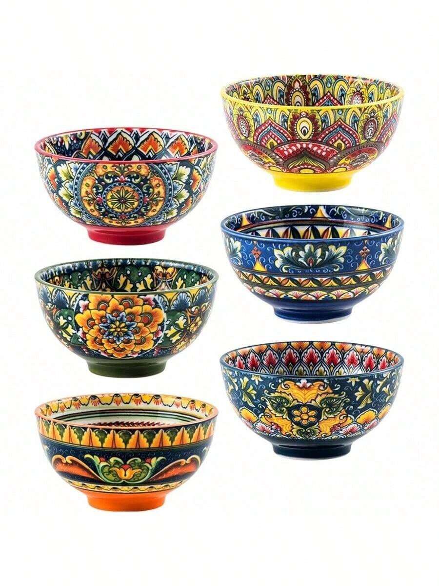 6.5 Oz Small Dessert Bowls, Porcelain Boho Snack Bowl Set Of 6 - Ceramic Colorful Bowls Salsa, Dipping, Sauce, Decorative, Microwave Dishwasher - 6.5 Ounces - View 1