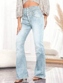 女式单排扣修身弹力喇叭牛仔裤 - 淺色水洗藍 - 查看 4