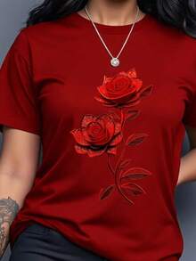 Camisa feminina vermelha modelo verão 100% algodão manga curta e gola redonda - Vermelho - Visão 2