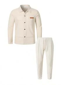 2pcs Men's Casual Patchwork Contrast Color Pocket Lapel Shirt Long Sleeve + Long Pants Two Pieces Set, Lightweight Casual Sports Vacation Outfit, Spring/Autumn - 卡其色 - 查看 2