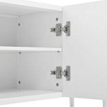 Meuble TV avec tiroirs et touches dorées – Meuble TV avec pieds réglables, portes avec étagères et poignées/pieds dorés