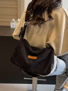 1pc, Versatile Fashion, Niche Design, Shoulder Messenger Bag, Solid Corduroy Fabric Labeling With Hanging Small Bag Decoration, Adjustable Shoulder Strap, Multi-Color Optional Square Bag, Suitable For Ladies' Daily Commuting And Shopping Occasions.