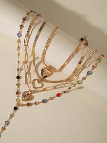 4pcs Minimalist Fashion Copper Metal Chain Pendant Necklace Set, Hollow Heart & Letter Charm Y-Shaped Necklace, Personalized Design With Rhinestones, Suitable For Casual, Party, Date, Gift (Handmade Chain Cut To Size, Rhinestone Quantity Varies) - 30600-nek-g - View 4