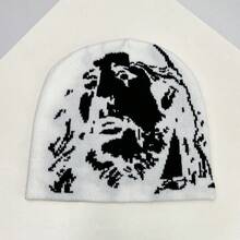 1 pieza Gorro de punto con diseño de retrato de rapero de otoño/invierno, accesorio de gorro con puño de estilo callejero estadounidense de hip hop unisex para mantener la cabeza caliente en invierno