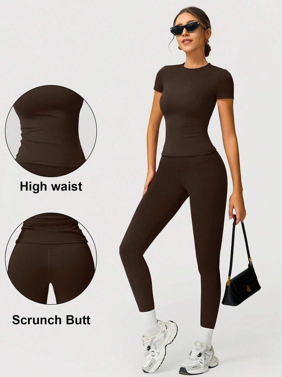 NcmRyu 1 Set Solid Color Soft Moisture Wicking Crew Neck Short Sleeve Top And Elastic Yoga Sports Pants Comfortable Activewear For Fitness Gym Running And Outdoor Activities Summer Conjunto Deportivo Mujer - 咖啡棕 - 查看 1