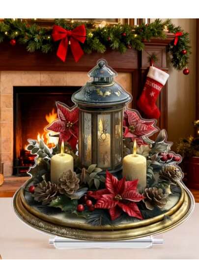 Centro de mesa de linterna navideña plana 2D de estilo bohemio de acrílico con árbol de salchichas y piñas - perfecto para la decoración de mesa festiva, decoración romántica del hogar y regalo de Navidad único