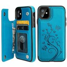 Compatible With IPhone 11 Case Wallet With Card Holder, Embossed Butterfly Premium PU Leather Double Magnetic Buttons Flip Shockproof Protective Cover For IPhone 11 6.1 Inch(Blue){"Color_name":"Blue"} - 多色1 - 查看 1