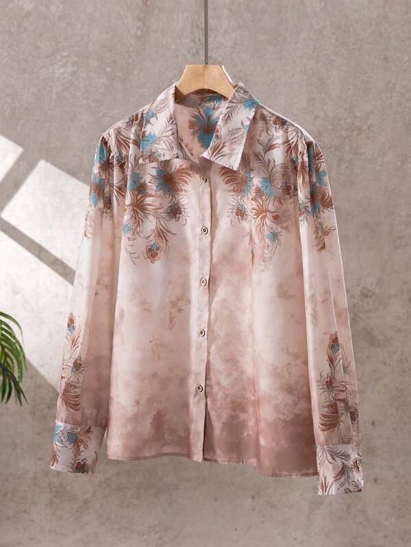 Plus Size Women's Shirt, Vintage Boho Style Floral Print Long Sleeved Casual Shirt, Fall Shirt Collared Floral Blouse In Non-Stretch Fabric For Everyday Wear With Regular Hem Design