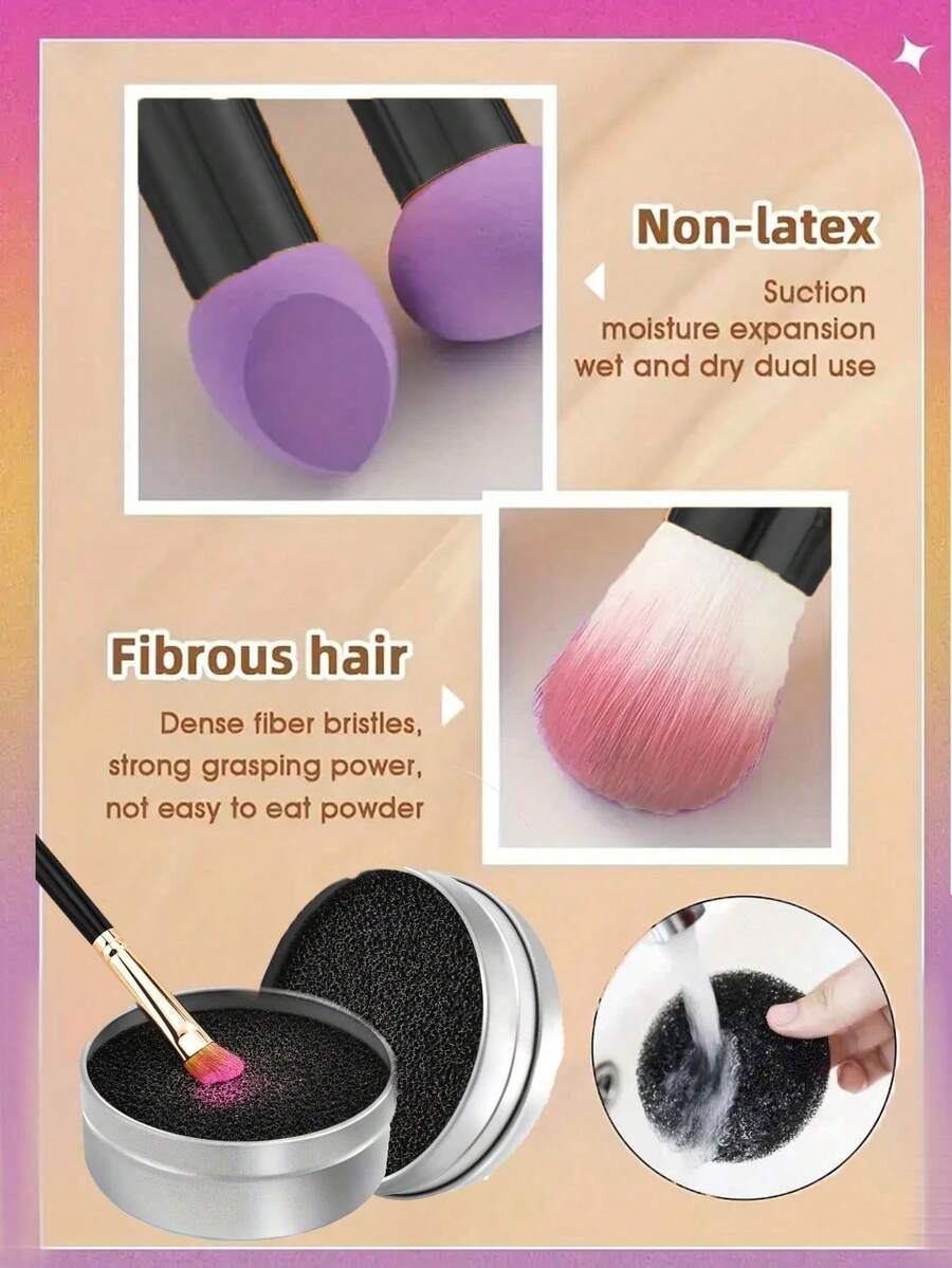 Double Head Purple Makeup Sponge+Initial Makeup Cleaning Box - Easy Color Removal And Dry Cleaning - Perfect For Eye Shadow And Eyeliner Pen, 2-In-1 Double Head Sponge Head Makeup Brush Mini Portable Powder Brush Beauty Tool,Giveaways,Travel,Cheap Stuff,Travel Essential - Multicolor - View 1