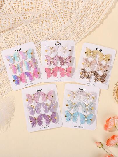 6 piezas Pinza de pelo con mariposa brillante de degradado de caramelo para niñas, accesorios de pelo con estampado de tela, adecuados para coleta, fiesta, escuela, vacaciones