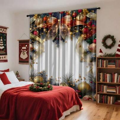 2pcs Christmas Curtains - Made Of Soft Polyester Fabric, Semi Transparent, With Holiday Decorations Such As Colored Balls, Bows, Pine Branches, Etc., Perfect For Living Rooms, Bedrooms, Kitchens, Offices, Or Coffee Shops (Excluding Poles), With 2D Printing For Living Room Christmas Curtains