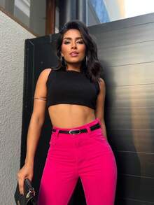 Mon Jeans Pants Without Lycra Women's High Waist Pants Feminine Fashion - Pink com cinto - 查看 3