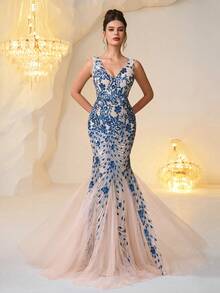 Elegantes Damen Maxikleid mit Pailletten-Patches im Meerjungfrauenstil, glänzendes Blau, geeignet für Gala, Jubiläum, Cocktailparty, Frühling/Sommer/Herbst/Winter