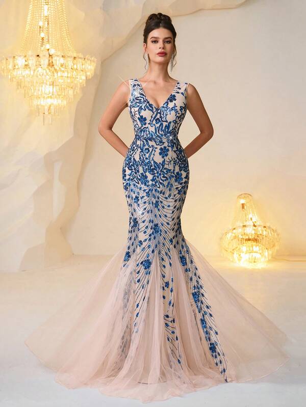 Elegantes Damen Maxikleid mit Pailletten-Patches im Meerjungfrauenstil, glänzendes Blau, geeignet für Gala, Jubiläum, Cocktailparty, Frühling/Sommer/Herbst/Winter