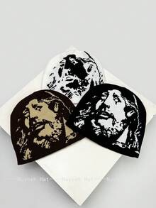 1 pieza Gorro de punto con diseño de retrato de rapero de otoño/invierno, accesorio de gorro con puño de estilo callejero estadounidense de hip hop unisex para mantener la cabeza caliente en invierno