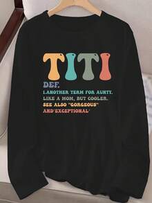 Large Size Women's Casual Long Sleeve Round Neck-Shirt - Fun '' Letter Humorous Aunt Quotes, Soft Beige Autumn Winter Top, Washable Regular Fit, Loose Comfortable Pullover, Breathable Fabric, Patterned, Daily Wear (0XL-5XL)(0XL-5XL) - 黑色 - 查看 4