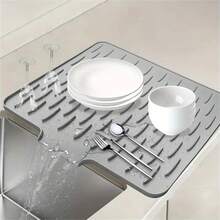Anti-Slip Silicone Drying Mat For Kitchen, Built-In Drainage Design, Heat-Resistant & Easy-To-Clean Dish Rack, Space-Saving Countertop And Sink Organizer, Suitable For Countertop, Sink, Fridge, Kitchen Cabinet, Dishwashing Mat, Sink Accessories, Modern Kitchen Supplies, Kitchen Essentials, Sink Organizer, Countertop Utensil Storage, Space-Saving Sink Mat, Heavy-Duty Dish Drainer Mat, Modern Kitchen Floor Mat, Stylish Black & Gray, Hygienic Perforated Surface - Grey - View 5