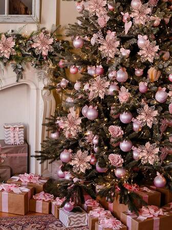 20pcs Poinsettia Christmas Decorations Flowers Artificial Poinsettia Christmas Tree Ornaments Glitter For Xmas New Year Wedding Party Wreath DIY Garland Decor