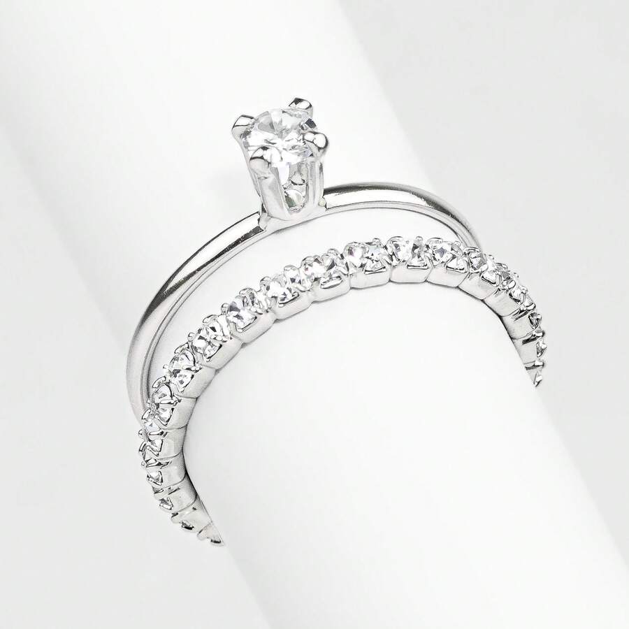 Kit With Two Rings Solitaire Ring + Wedding Ring Studded With Rhinestones Silver Plated - Bạc - Xem 1