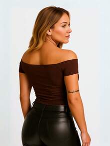 Women's Suplex Blouse Shoulder Basic Premium Elegant Casual T-Shirt Second Skin - Rỉ Nâu - Xem 2