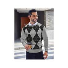 Men's Crew Neck Sweater Slim Fit Lightweight Sweatshirts Knitted Pullover For Casual Or Dressy Wear - 灰色菱形花紋 - 查看 4