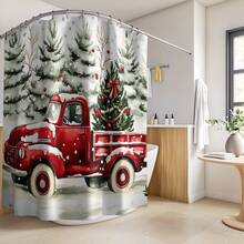 1pc Christmas Tree, Red Car, Star Topper, Snowy Pine Tree Pattern Digital Printing Shower Curtain, Minimalist Luxurious Style, Mildew Resistant Waterproof, 12 Plastic Hooks And Metal Eyelets, Sturdy Bathroom Accessory, Suitable For Christmas Home Decor