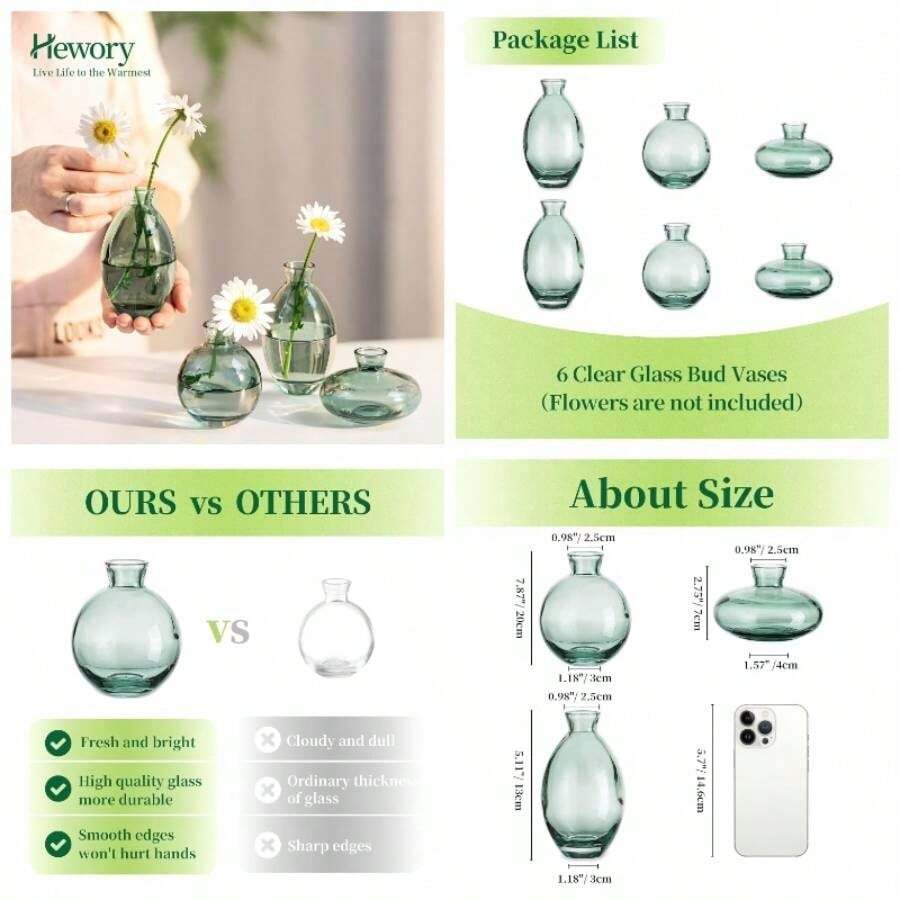 Jarrones de vidrio con brotes de 3, floreros pequeos verdes hechos a mano, jarrn de vidrio para arreglos florales, pequeo centro de mesa para casa, oficina, boda, eventos, decoracin - 2 juegos (6 piezas) + Verde - Ver 1