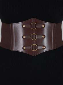 1件女士咖啡棕色时尚PU皮革弹力束腰带，带圆形环装饰，用途广泛，适合万圣节、文艺复兴时期服装等场合。 - 咖啡棕 - 查看 2