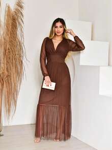 Women's Long Tulle Dress With Long Sleeves For Wedding Party - 鏽棕色 - 查看 2