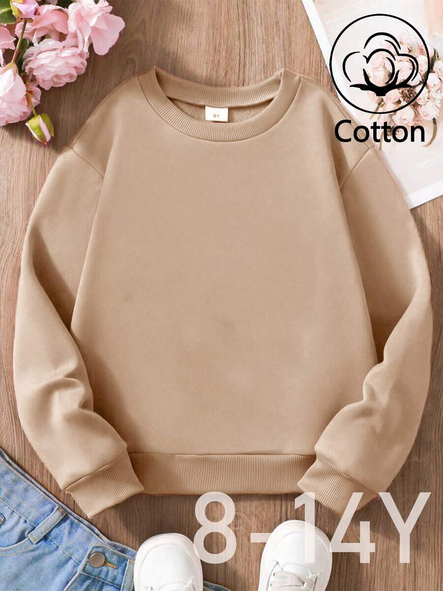 Felpa oversize con scollo tondo, maniche lunghe e spalle scese per bambine, color albicocca. Il tessuto misto cotone offre comfort e morbidezza sulla pelle, ideale per gli sport all'aria aperta, le attività ricreative e il tempo libero dei bambini. - Albicocca - Visualizzare 1