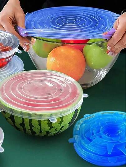 6-Piece Silicone Stretch Lid, Food Bowl Lid, Reusable Food Storage Lid, Stretchable Multipurpose Fruit And Vegetable Storage Lid (Due To Different Batches, The Number, Size And Shape Of The Handles May Vary. We Apologize For The Inconvenience.) Multifunctional Disposable Cling Film Set, Elastic Cling Film Set, Self-Sealing Dust Cover, Household Cling Disposable Shower Cap Set, Disposable Dustproof Bowl Cover, PE Cling Film