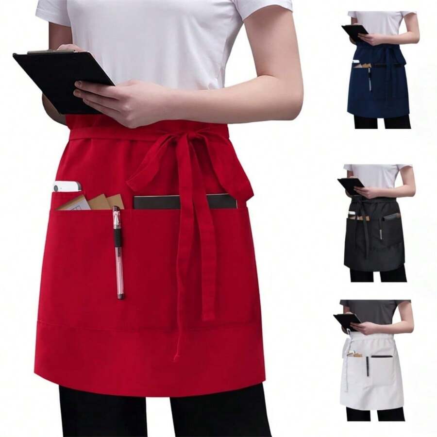 服务员围裙黑色带 3 个口袋 18 英寸长服务员小酒馆半腰围裙男女防水 - 彩色 - 查看 1