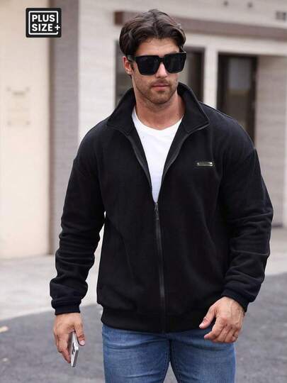 Plus Size Men's Jacket For Autumn/Winter, Made Of Comfortable Fleece Fabric, Thickened Stand Collar Design, Full Size Range. Suitable For Layering, Outerwear, Casual Wear, Outdoor Sports; An Ideal Christmas Gift. Black
