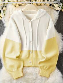 Women'S Casual Yellow Color Block Hooded Sweater - Cozy Long Sleeve Cardigan With Button Details, Perfect For Fall/Winter, Relaxed Fit, Long Sleeve Sweater - 黃色 - 查看 3