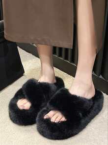 2025 New Women's Winter Viral Thick-Sole High Heel Fluffy Slippers For Outdoor Wear, Autumn New Fairy Style Short Girl Slouchy Increasing Height Platform Slippers, Home/Office Slippers, Size 34-42