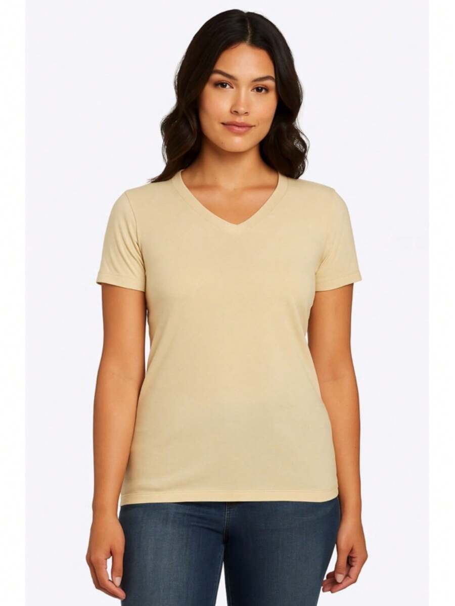 Women's Basic Short Sleeve V-Neck Blouse - Beige - View 1