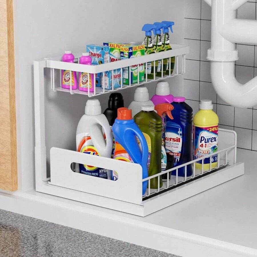 DEVA Bathroom Organizer High Duty Metal Under Sink Organizer And Storage 2 Tiers PullOut Under Sink Organizer And Storage For Sink Kitchen Cabinet Laundry White - White - View 1