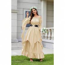 Renaissance Dress Women Victorian Medieval Gothic Witch Fairy Wedding Beige Off Shoulder Puff Sleeve Ruffle Dresses{"Color_name":"01-Beige","Size_name":"Small-Medium"} - 01-米色 - 查看 4