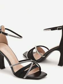 High-Heel Sandals Decorated With Rhinestones - Black - View 6