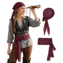 Zando Pirate Accessories Women Men Teens - Pirate Bandana Head Scarf Hat Belt Sash For Halloween Renaissance Themed Cosplay{"Size_name":"OneSize","Color_name":"01WineRed"} - 01酒紅色 - 查看 1