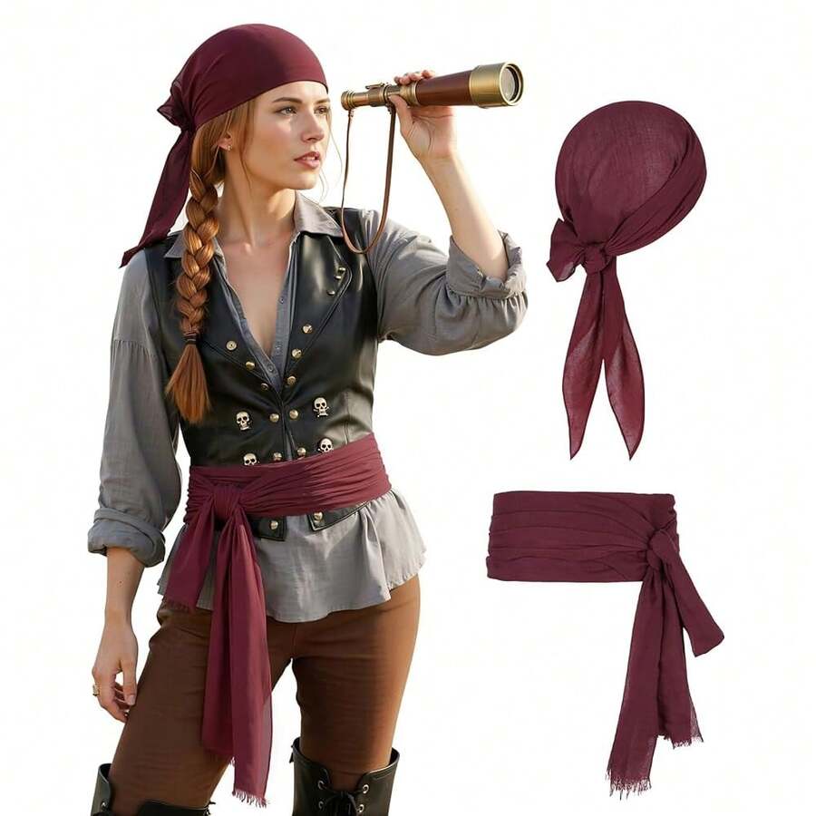 Zando Pirate Accessories Women Men Teens - Pirate Bandana Head Scarf Hat Belt Sash For Halloween Renaissance Themed Cosplay{"Size_name":"OneSize","Color_name":"01WineRed"} - 01酒紅色 - 查看 1
