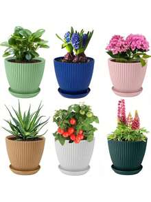 6.Inch Indoor Planter Pots, Plastic Flower Pots With Drainage Hole And Tray Saucer, 6 Pack Outdoor Planters Garden Plants Flowers Succulents, Multicolor Set Multicolor - 彩色 - 查看 6