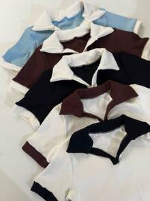 Women's Two-Tone Polo Shirt, Short Sleeve, Ribbed Cotton, Simple, Casual, Knit, Everyday Wear - 粉紅色 BB 露領 - 查看 3