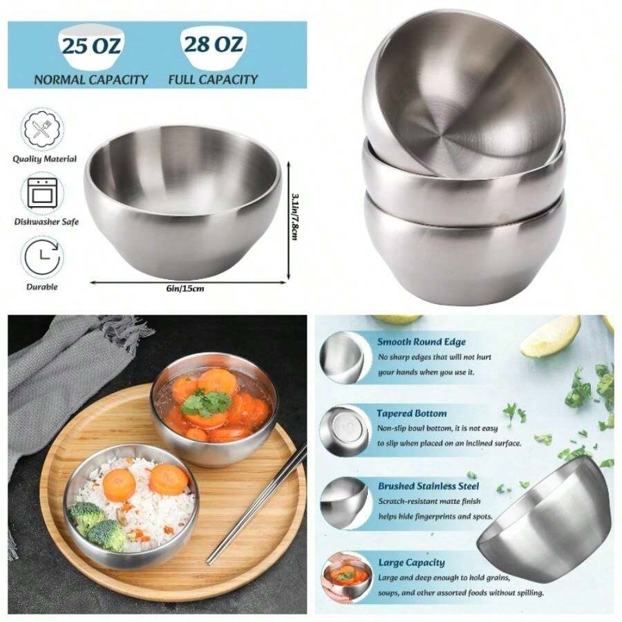 Paquete de 3 cuencos de acero inoxidable cepillado SUS304 de 25 onzas, cuencos de mezcla de metal, cuencos de anidacin, cuencos de acero de doble pared para nios, acabado mate, sin BPA - plateado - Ver 1